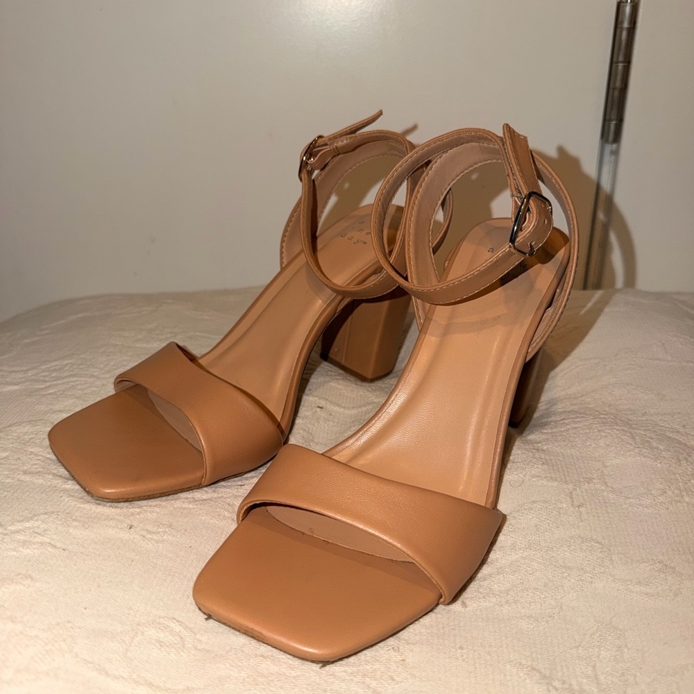 a new day Tan Square-Toe Block Heel Ankle Strap Sandals